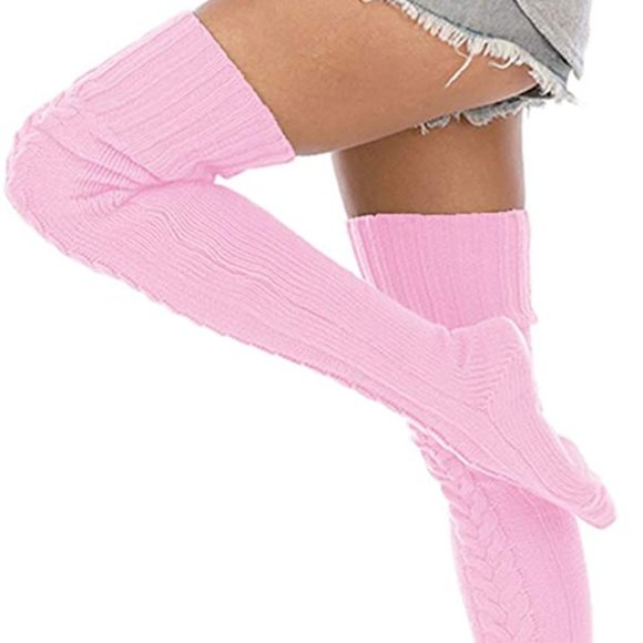 Knee High Socks Over The Knee Chunky Cable Knit Knee Highs Pink - Picture 5 of 15